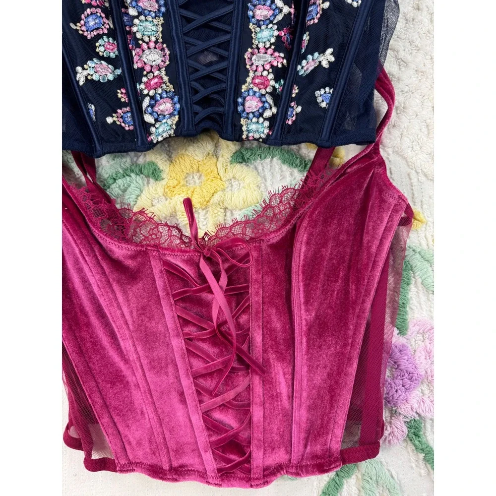 Victoria's‎ Secret Corset Bustier Top Set Floral Lace Up Burgundy Navy  xs - Picture 7 of 15